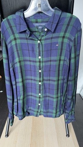 Tommy Hilfiger Button Down Shirt Women Plaid Green And Blue