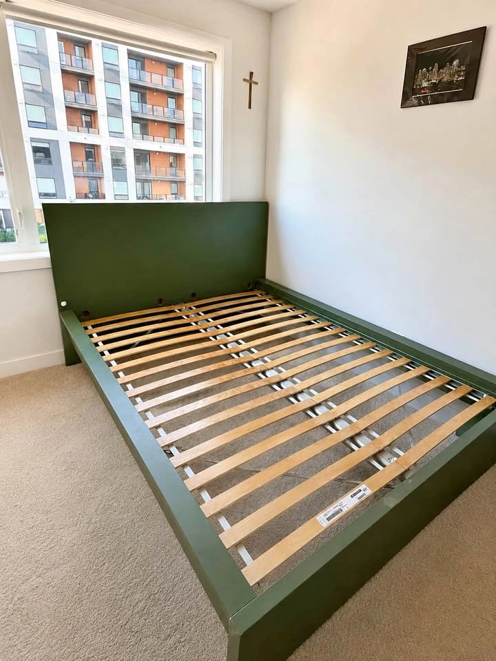 Green IKEA Malm double bed with Wooden Slats