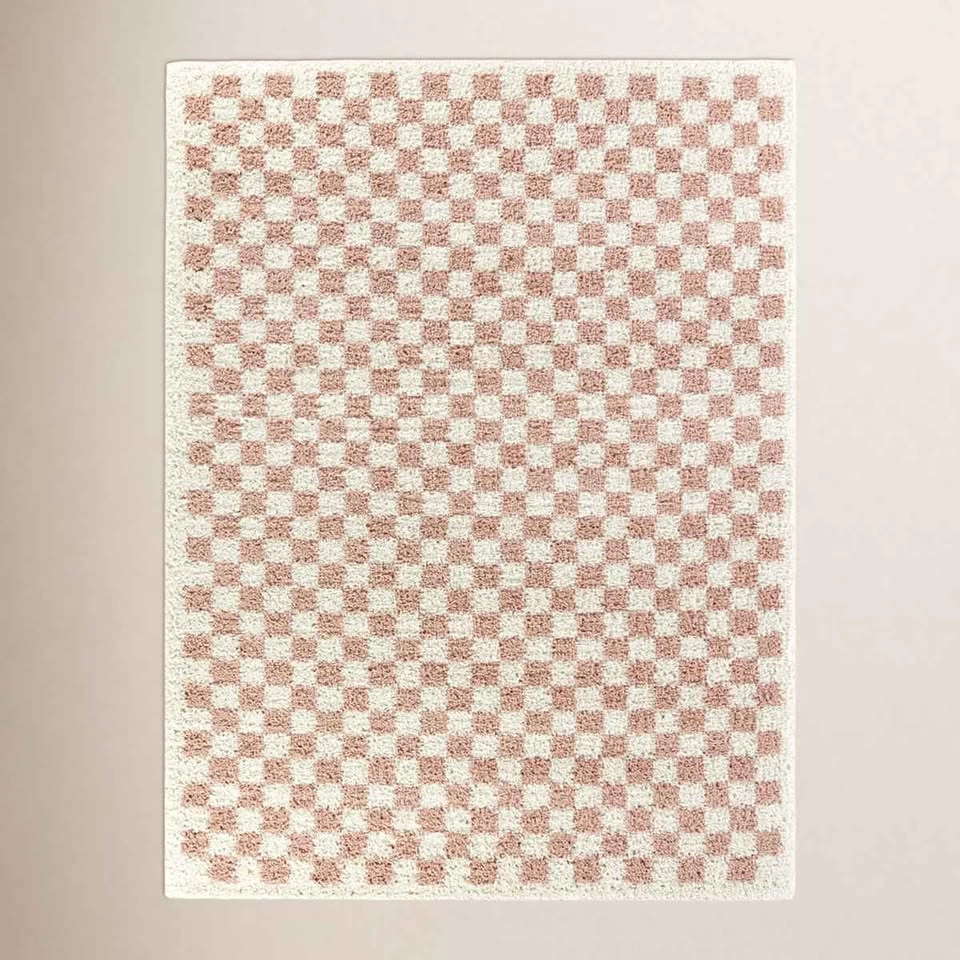 Walker Checkered Pink/Cream Plush Shag Area Rug - photo 2