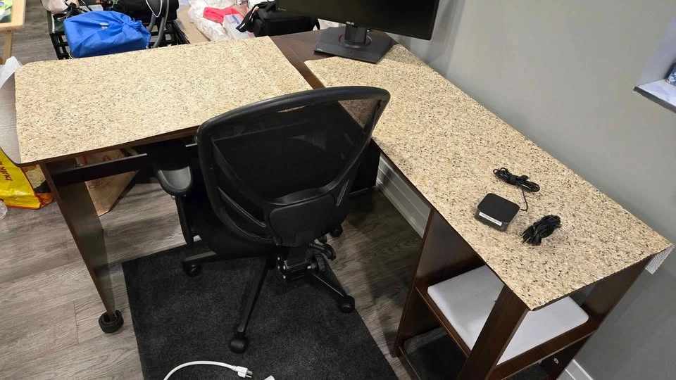 Used Corner Desk with Storage Shelves - photo 2