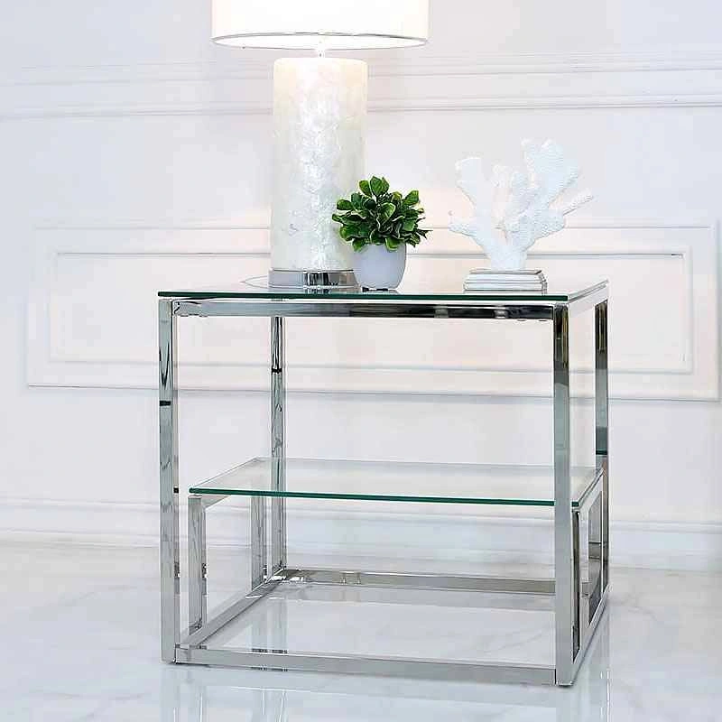 Large Stainless Steel & Glass Tiered End Table
