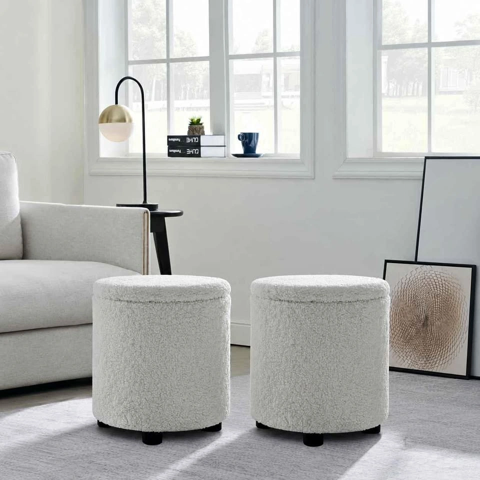 NWT 2 White Bouclé Storage Ottomans with Lids