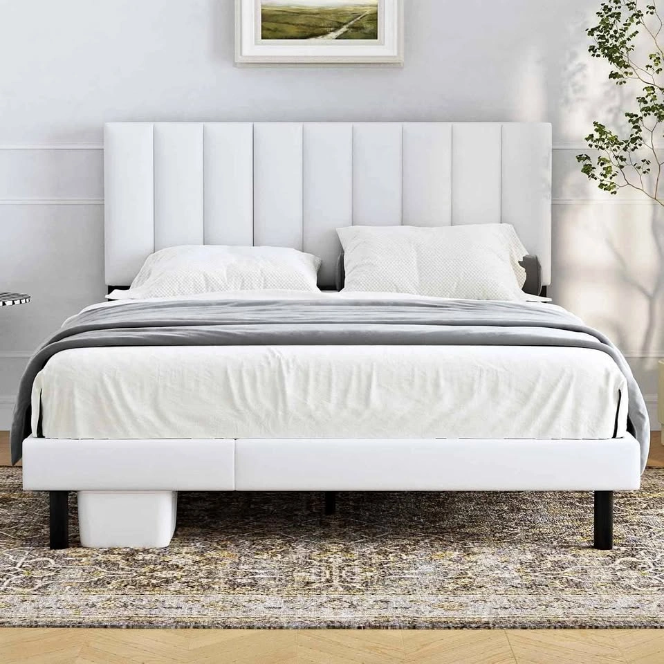 NEW Queen Size Cream White Upholstered Platform Bed Frame