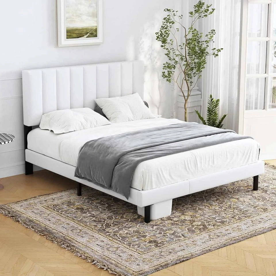 NEW Queen Size Cream White Upholstered Platform Bed Frame - photo 2