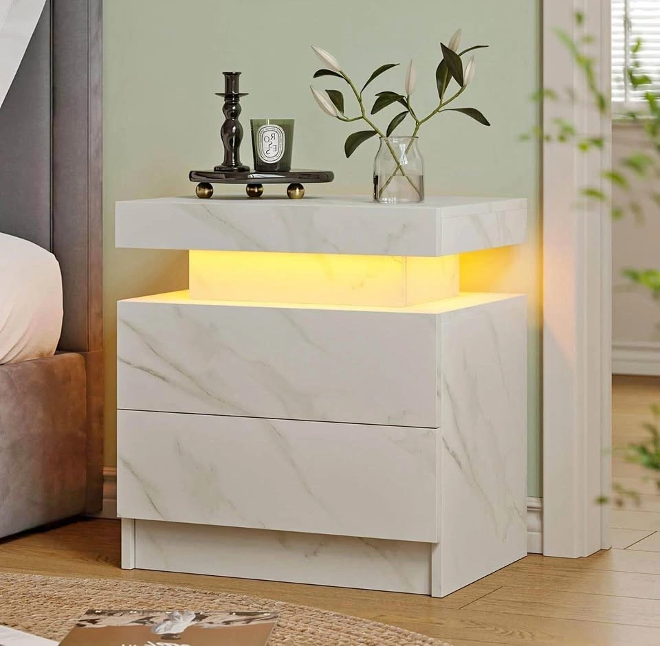 NEW White LED Nightstand with Charging Station & Storage