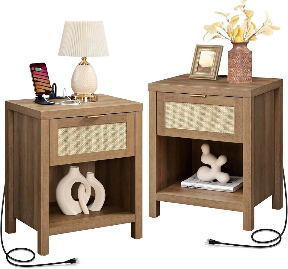NEW SICOTAS Rattan Nightstands Set of 2 with Charging Station –