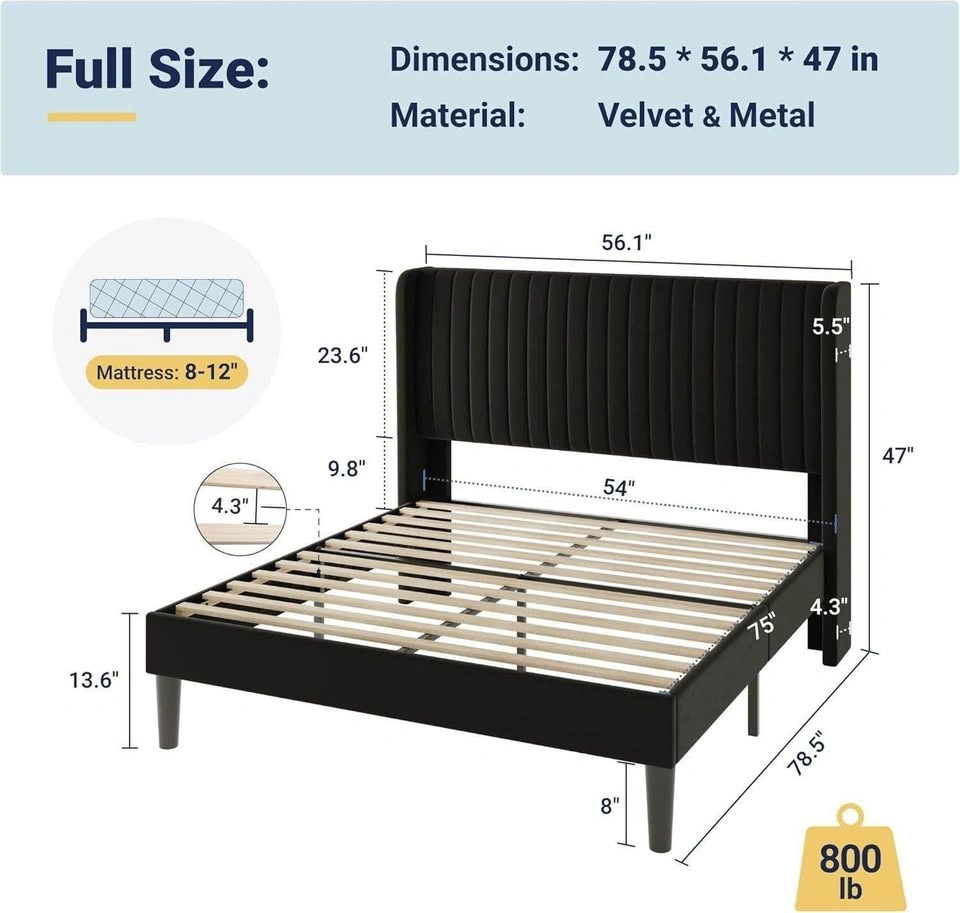 NEW Allewie Velvet Full Bed Frame with Wingback Headboard - photo 2