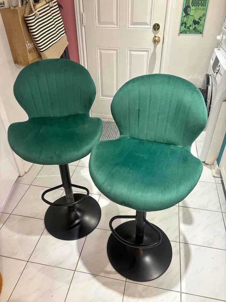 Pair of Green Velvet Shell Back Bar Stools