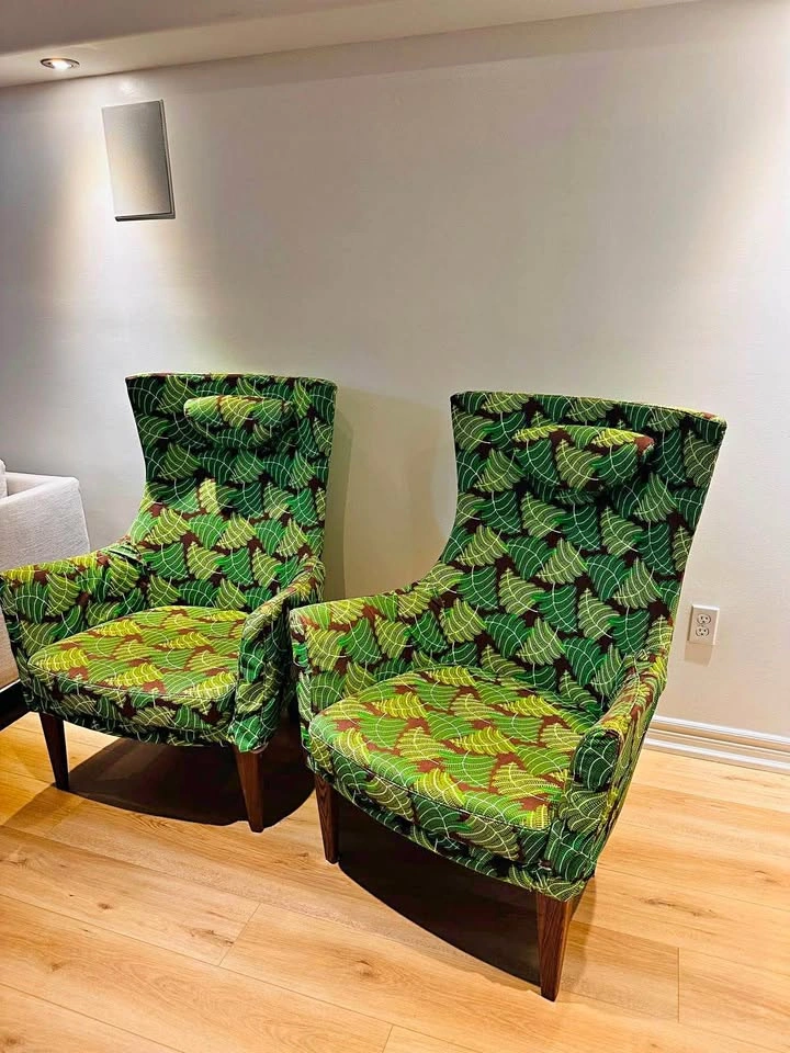 Pair of IKEA STOCKHOLM Armchairs – Mosta Grön Leaf Fabric