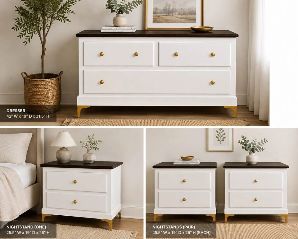 Real Pine, Modern Cream & Walnut 3-Piece Bedroom Set