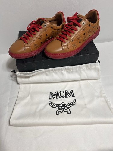 MCM Visetos Logo Low Top Lace-Up Athletic Sneakers Brown Red