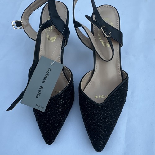 Golden Kello Women’s Black Pointed Toe Slingback Ankle Strap Rhi
