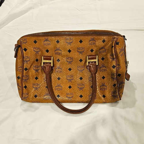 MCM Brown Logo Satchel Top Handle Zip Handbag, Gold Hardware
