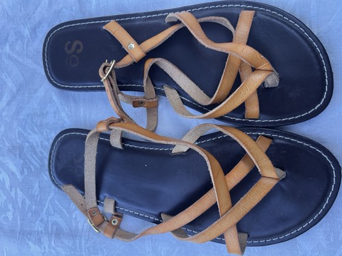 Women's Brown Strappy Leather Sandals Ankle Strap Buckle Flat 13 - photo 4