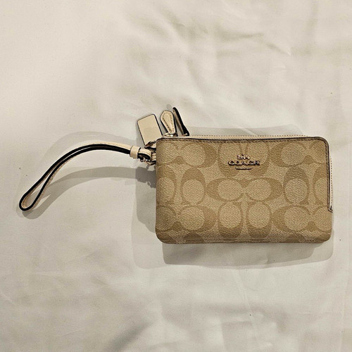 Coach Signature Logo Zip Wristlet Wallet Beige w/ Wrist Strap