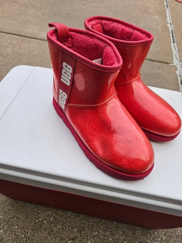 UGG Red Rubber Rain Boots Faux Fur Lined Ankle Pull On US 10 - photo 2