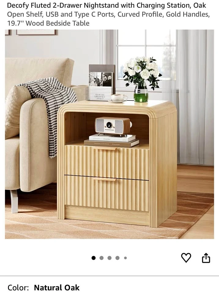2-Drawer Nightstand with Charging Station, Oak Open Shelf