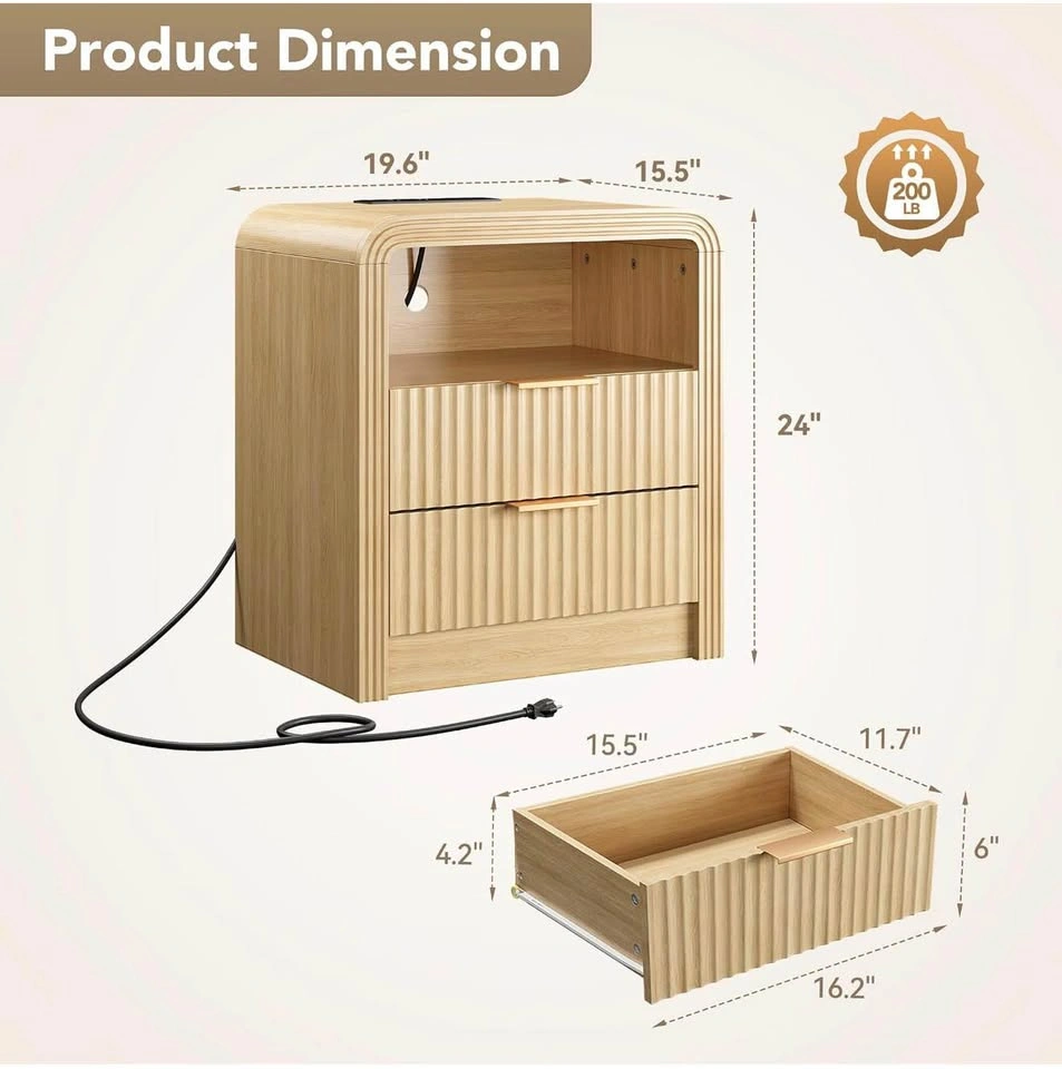 2-Drawer Nightstand with Charging Station, Oak Open Shelf - photo 2