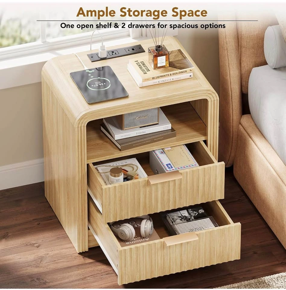 2-Drawer Nightstand with Charging Station, Oak Open Shelf - photo 3