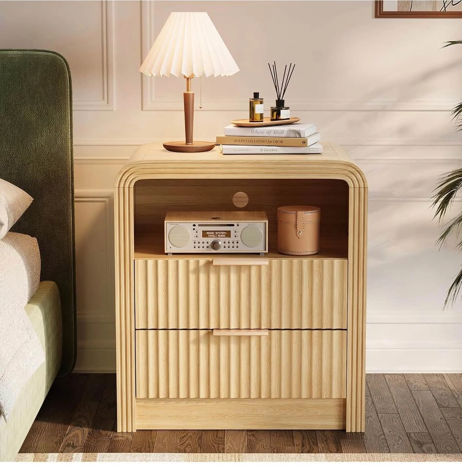 2-Drawer Nightstand with Charging Station, Oak Open Shelf - photo 5