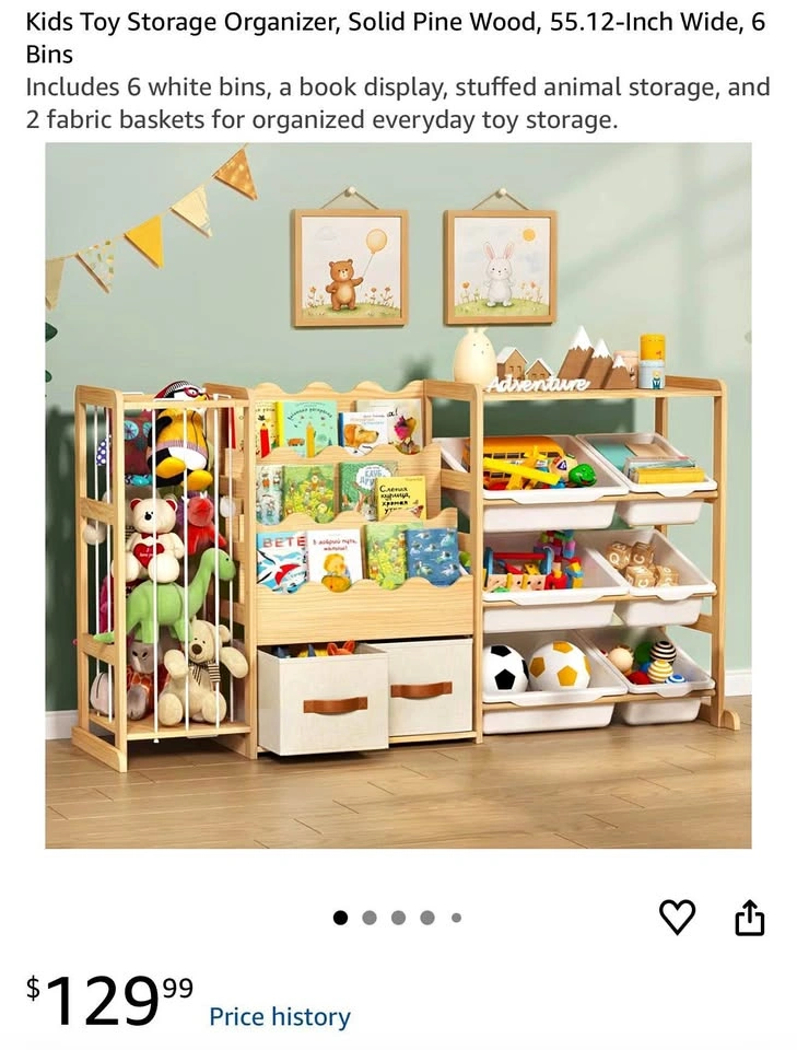 Toy Storage Organizer, Solid Pine Wood, 55.12”Wide, 6 Bins