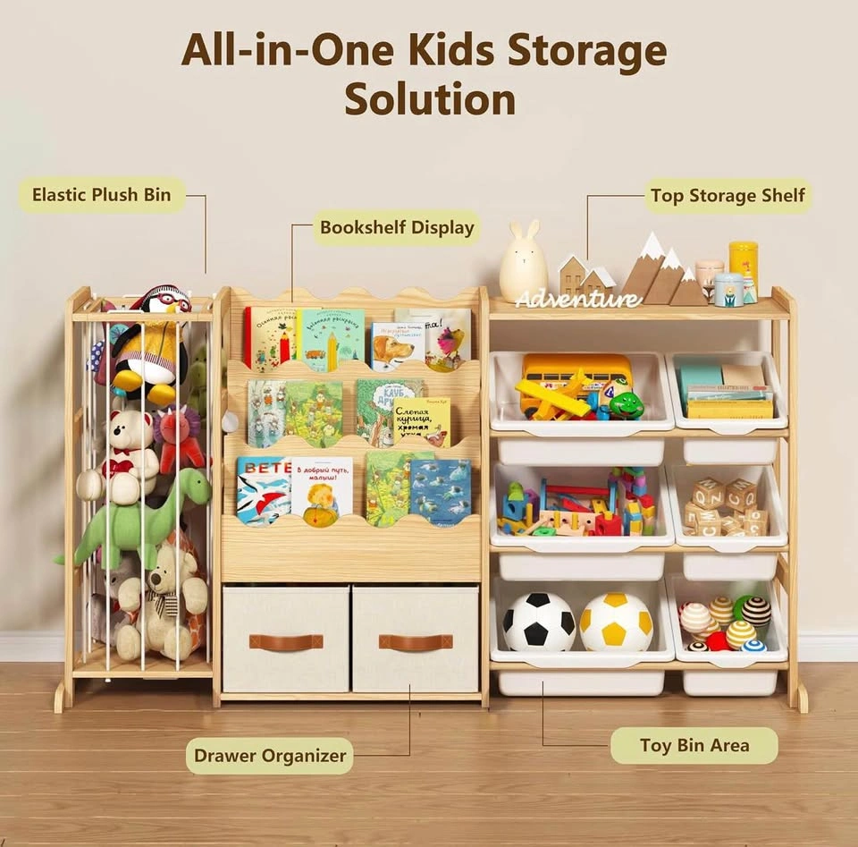 Toy Storage Organizer, Solid Pine Wood, 55.12”Wide, 6 Bins - photo 5