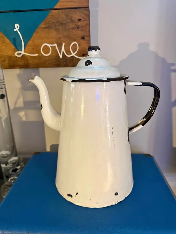 Vintage white enamelware coffee pot