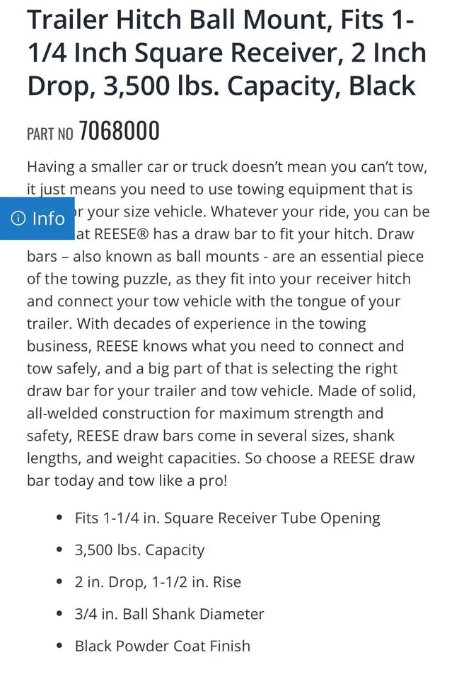 Trailer Hitch    1   1/4" Square Receiver, 2" Drop, 3,500 lbs image indicator(6)