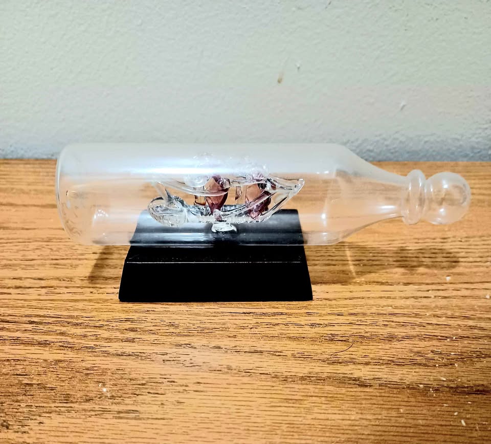 Handmade Cranberry Glass Sailship Inside a Bottle