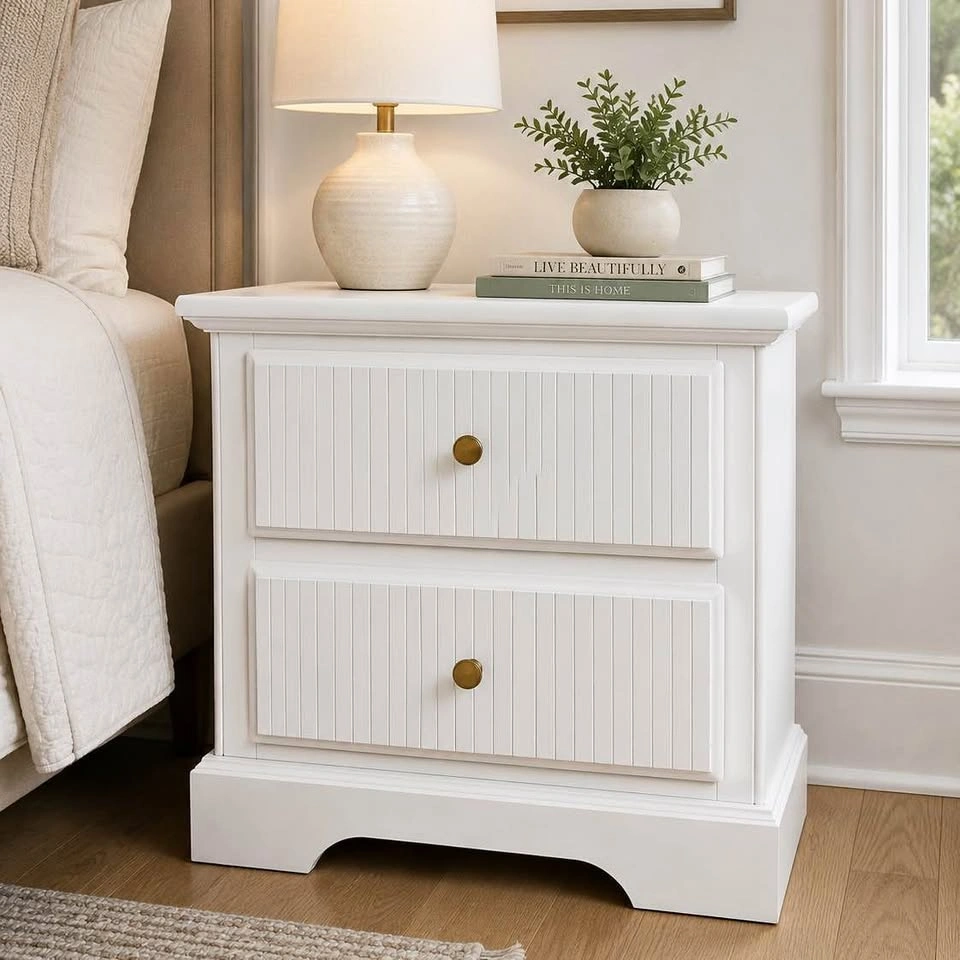 Modern Wooden Coastal Cream Nightstand | Fluted Drawers