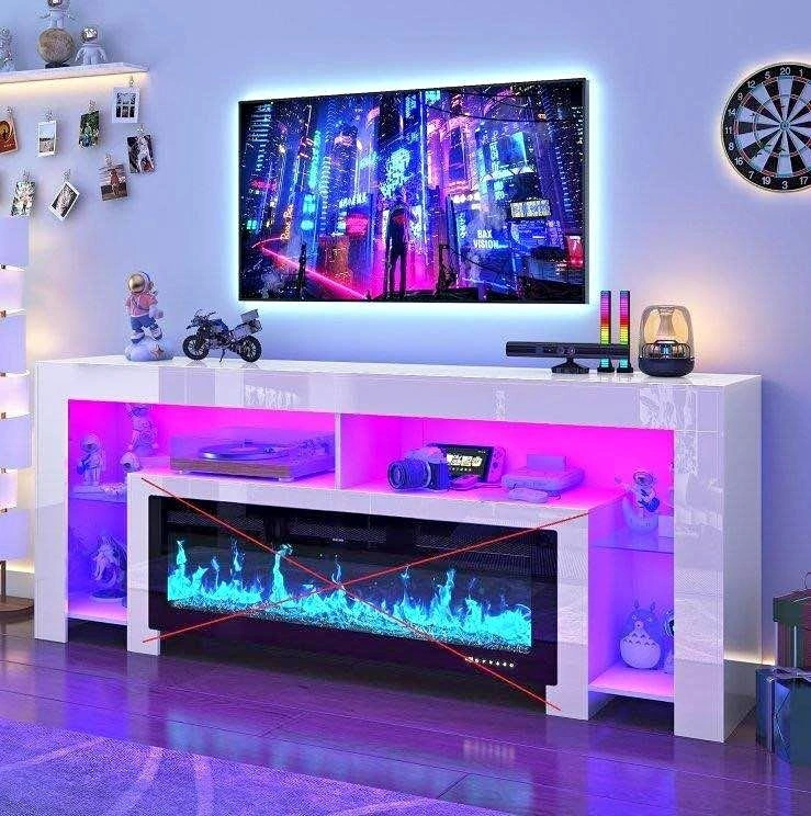 Modern White TV Stand with Electric Fireplace and LED Lights