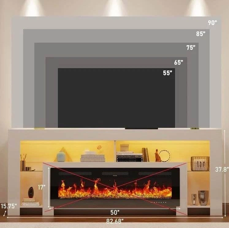 Modern White TV Stand with Electric Fireplace and LED Lights - photo 2