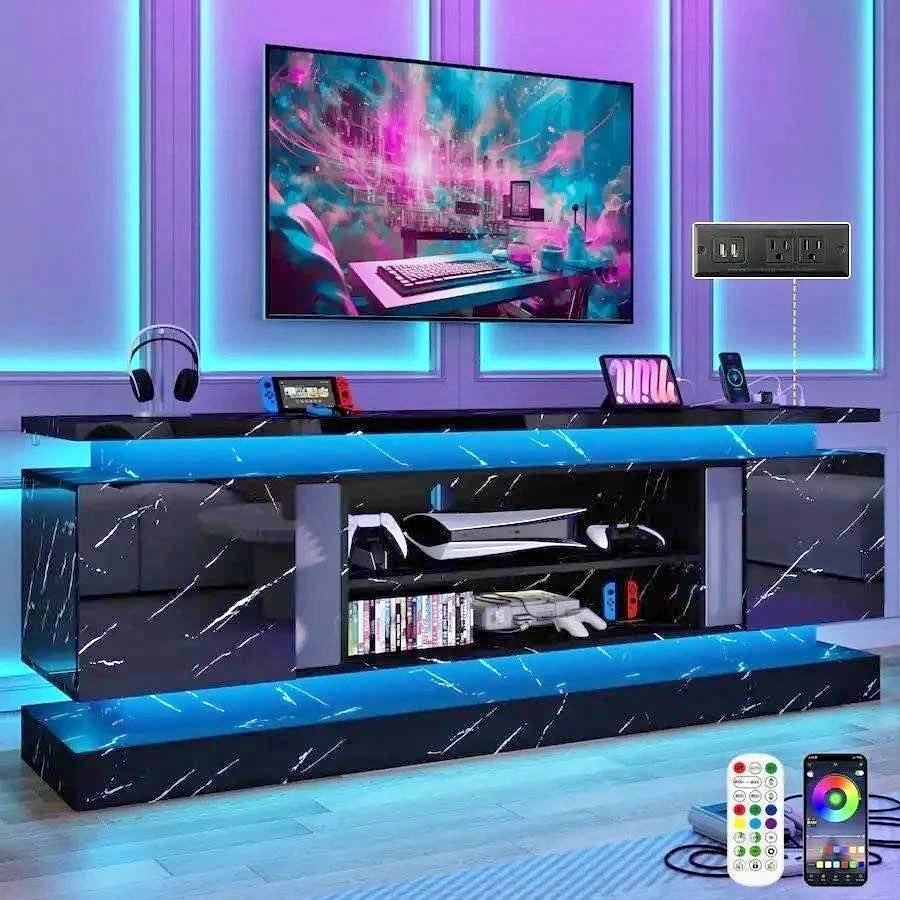 Modern Black Marble TV Stand with LED Lights and Charging Statio