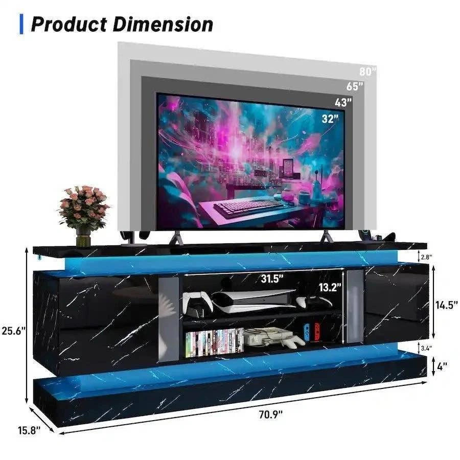 Modern Black Marble TV Stand with LED Lights and Charging Statio - photo 2