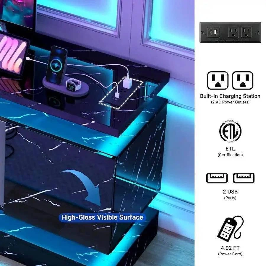 Modern Black Marble TV Stand with LED Lights and Charging Statio - photo 3