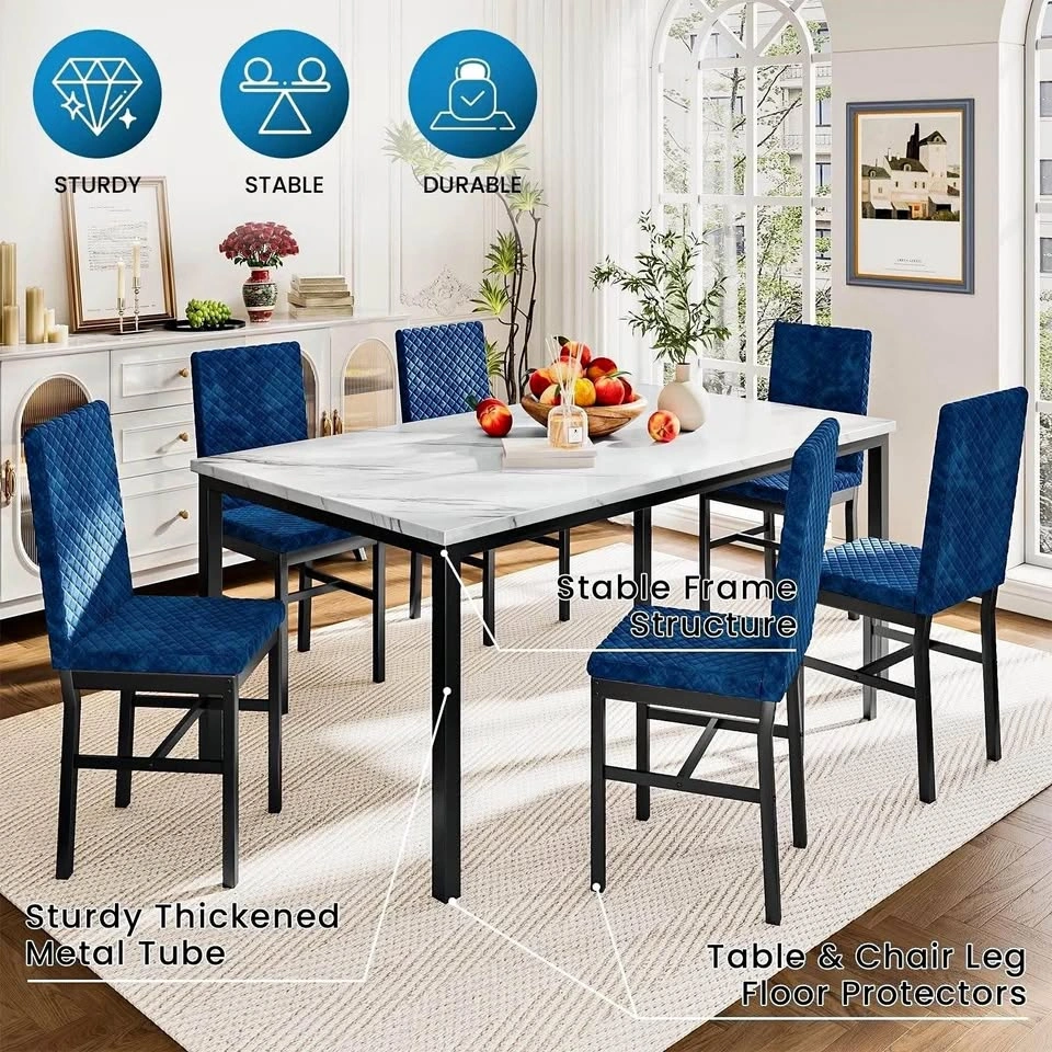 7-Piece Marble Top Dining Set with 6 Blue Velvet Chairs