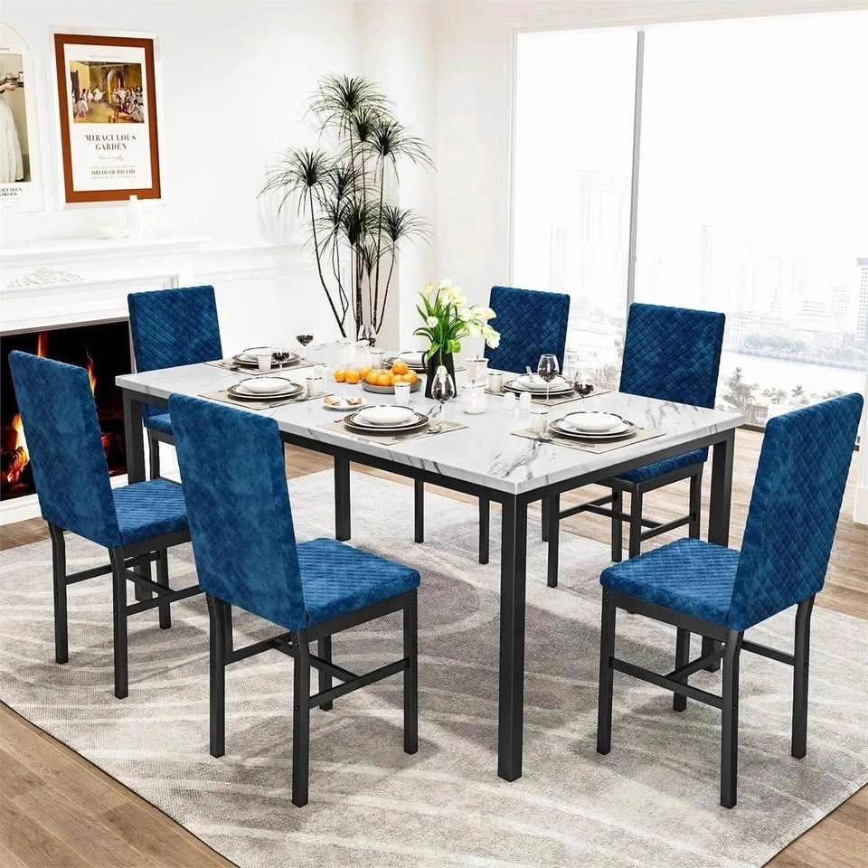 7-Piece Marble Top Dining Set with 6 Blue Velvet Chairs - photo 2