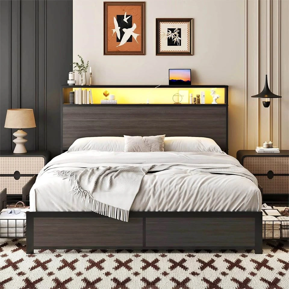Full Size Storage Bed Frame with LED Headboard