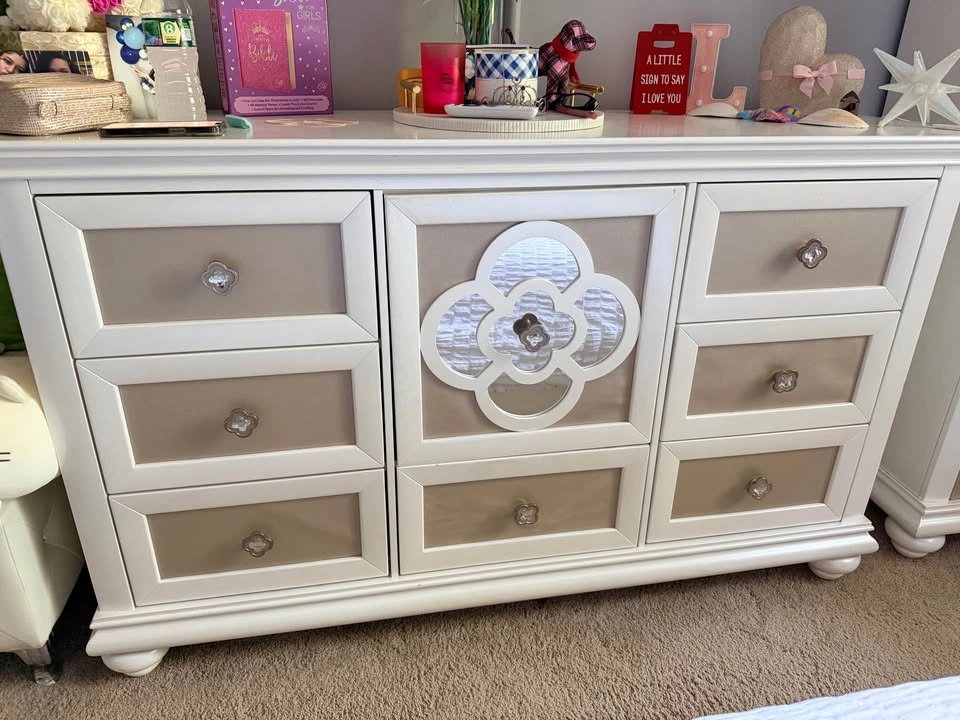 White and Beige/Champagne Dresser with Mirrored Design