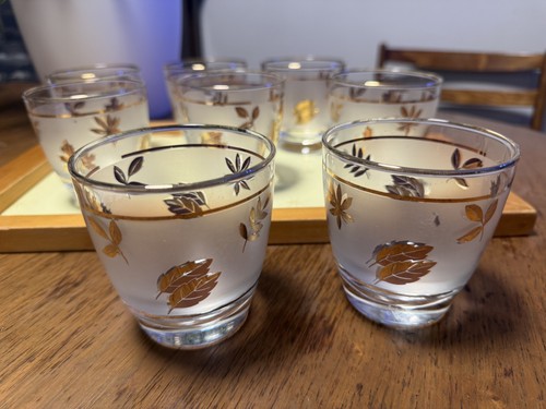 10 Pc Libbey Gold Leaf Frosted Glasses & Ice Bucket Set MCM