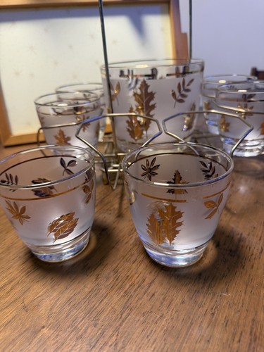 10 Pc Libbey Gold Leaf Frosted Glasses & Ice Bucket Set MCM - photo 2