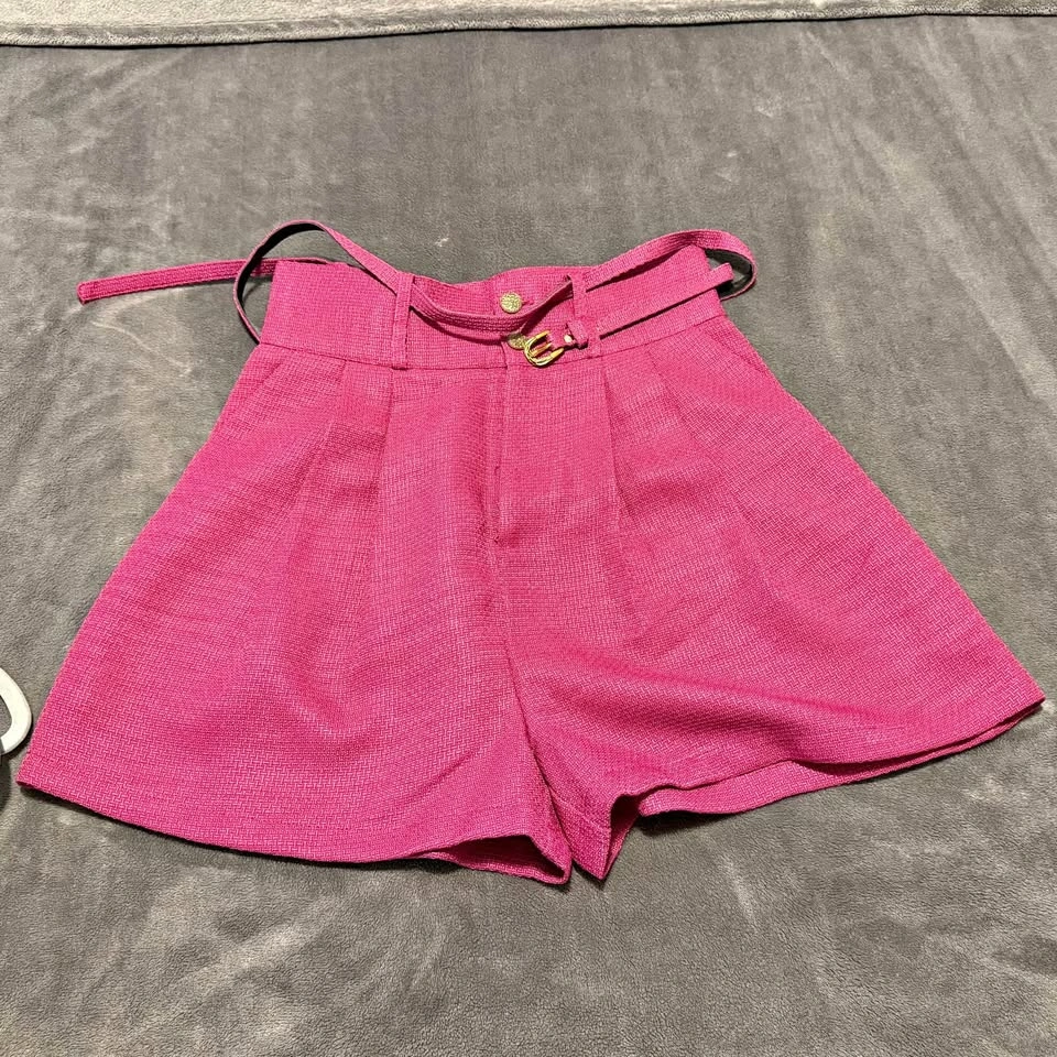 High-Waisted Pink Textured Shorts with Belt