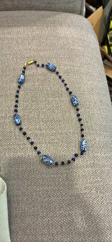 Blue Beaded Necklace with Gold-Tone Clasp
