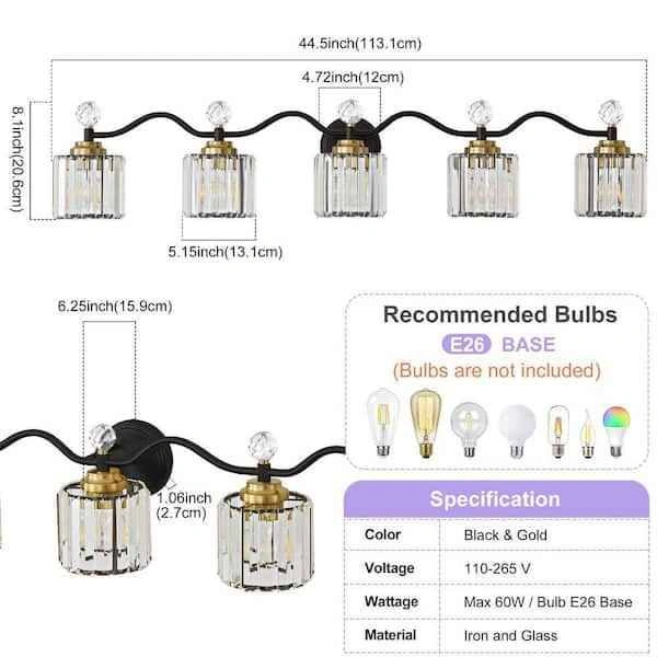 5-Light Crystal Vanity Light in Black and Gold - photo 2