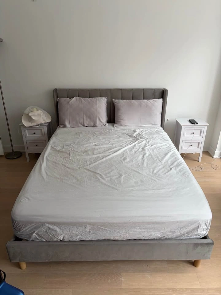 Grey Velvet Queen Platform Bed Frame