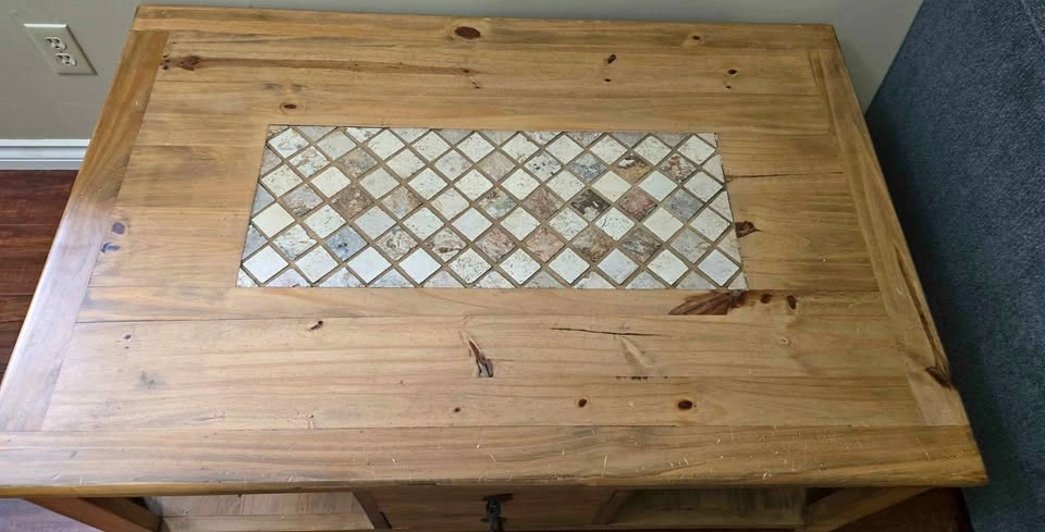 Rustic Solid Wood Coffee Table with Tile Inlay