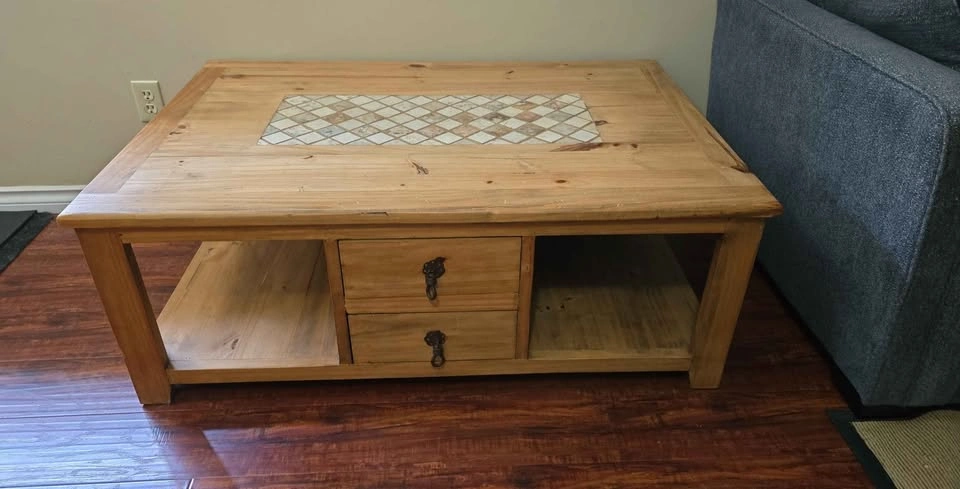Rustic Solid Wood Coffee Table with Tile Inlay - photo 2