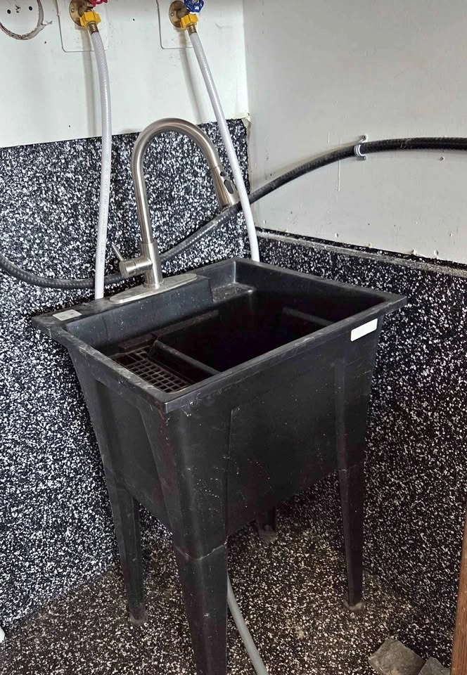 ESTATE SALE: Black Heavy-Duty Utility Sink & Stainless Steel Fau