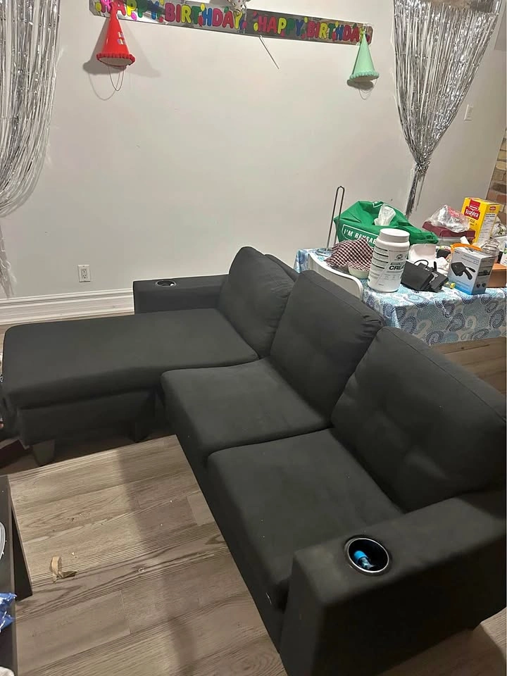 Black Sectional Sofa with Chaise and Cup Holders