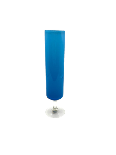 VTG Mid Century Blue Glass Cylinder Bud Vase Clear Pedestal Base